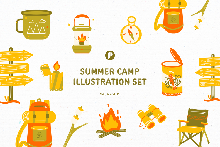 Yellow and Red Cute Summer Camp Illustration Set