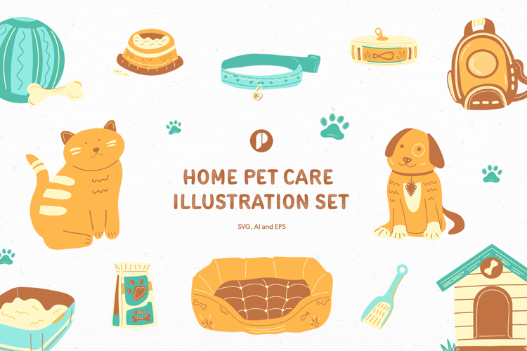 Brightly Cute Home Pet Care Illustration Set