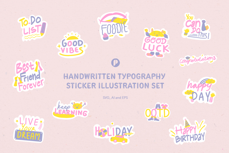 Fun Wordy Handwriting Typography Sticker Illustration Set