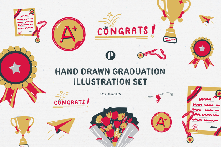 Red Gold Cute Hand Drawn Graduation Illustration Set