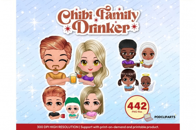 Chibi Family With Newborn Clipart PNG, Family DIY Clipart