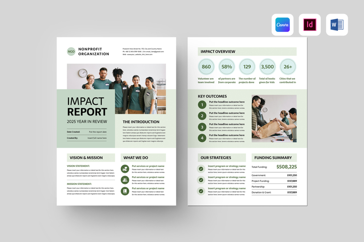 Nonprofit Impact Report | Canva, MS Word, InDesign