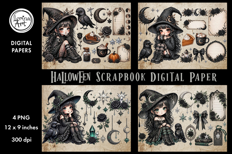 Little Witch digital papers. Junk Journal page. Scrapbook