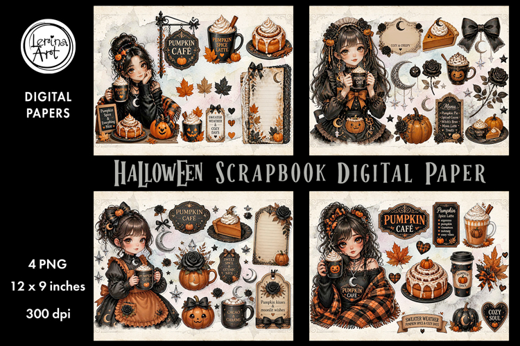 Cozy Halloween digital papers. Junk Journal page. Scrapbook