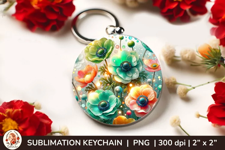 Round Keychain sublimation, 3d keychain, 3D Flowers