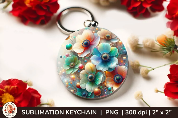 Round Keychain sublimation, 3d keychain, 3D Flowers