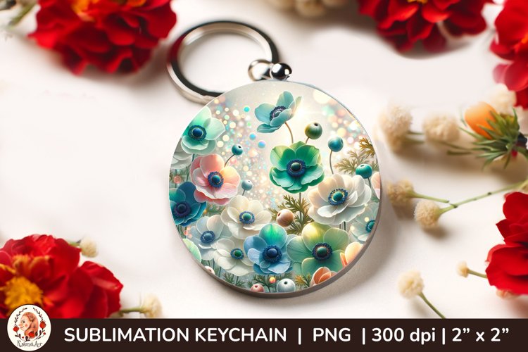 Round Keychain sublimation, 3d keychain, 3D Flowers example image 1