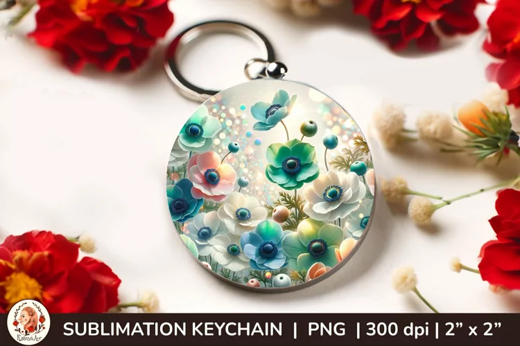 Round Keychain sublimation, 3d keychain, 3D Flowers