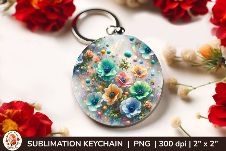 Round Keychain sublimation, 3d keychain, 3D Flowers example image 1