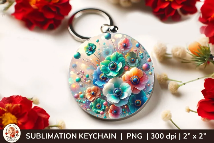 Round Keychain sublimation, 3d keychain, 3D Flowers