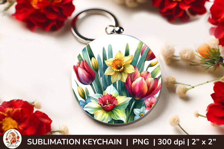Round Keychain sublimation, 3d keychain, 3D Flowers example image 1