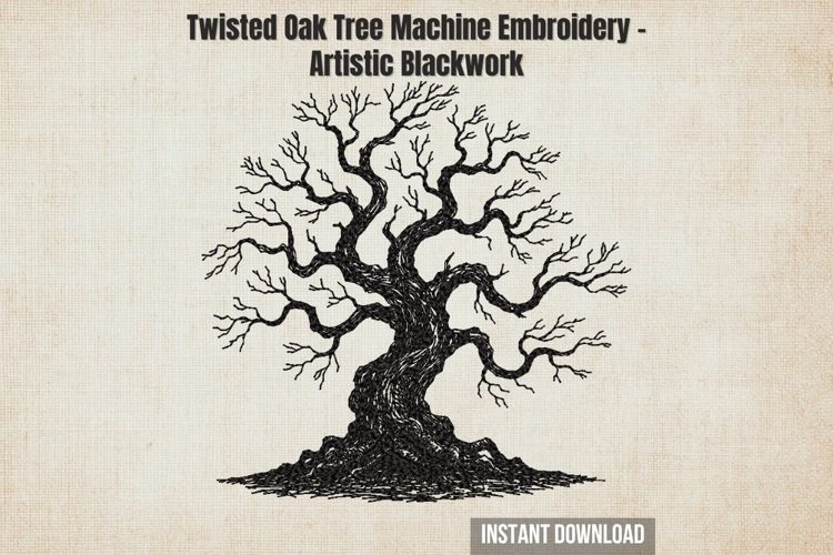 Artistic Twisted Oak Tree Sketch Embroidery