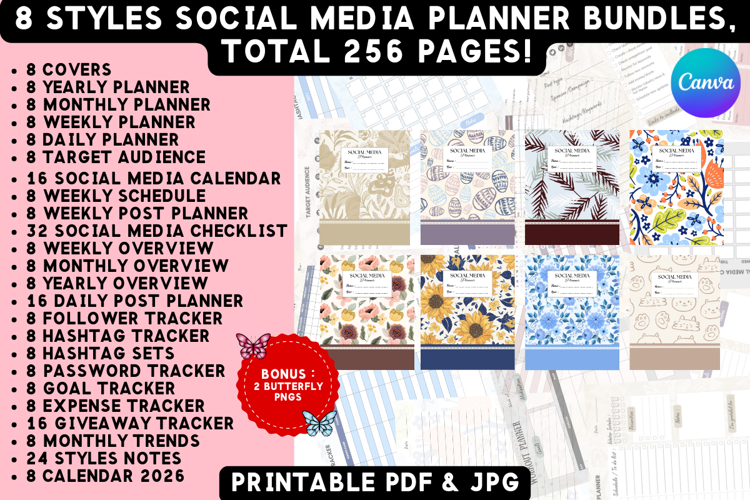 8 Styles Printable Social Media Planner Template Bundle