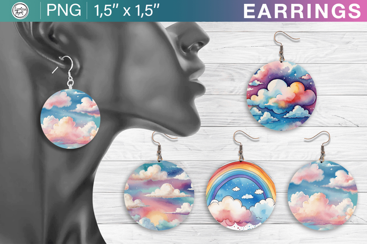 Rainbow Clouds earrings sublimation designs, 4 PNG example image 1