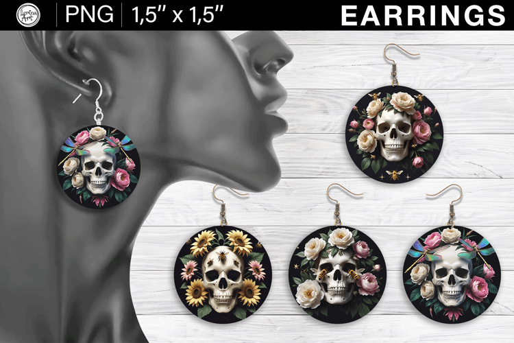 Skull earrings sublimation designs, 4 PNG