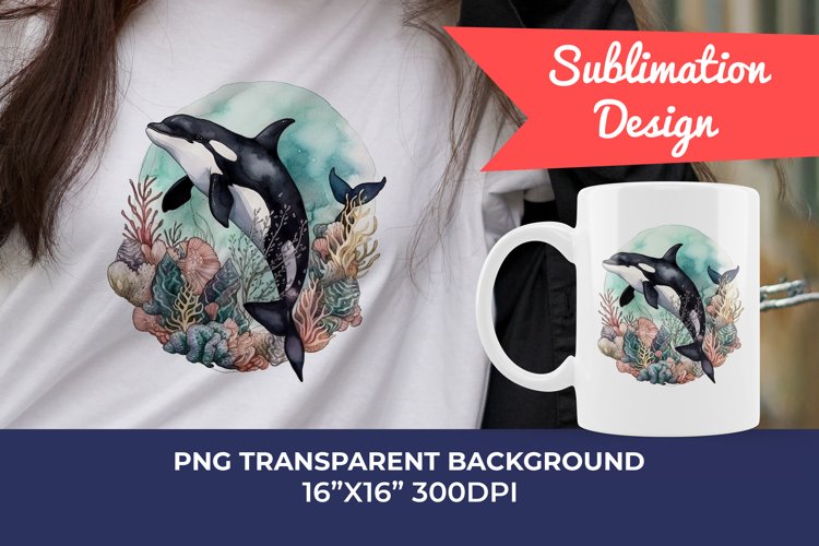 Orca Watercolor PNG Sublimation Design. PNG File example image 1