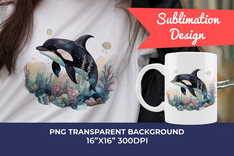 Orca Watercolor PNG Sublimation Design. PNG File example image 1