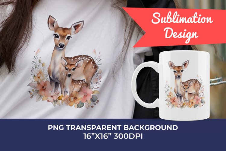 Watercolor Deer Mom and Baby Clipart PNG for Sublimation
