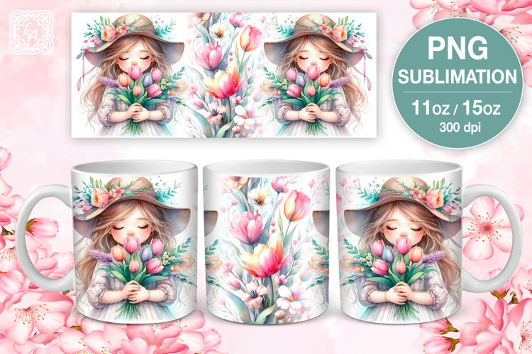 Spring Girl PNG sublimation. 11 & 15 oz mug wrap