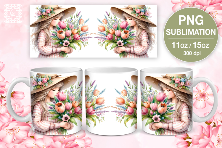 Spring Girl PNG sublimation. 11 & 15 oz mug wrap