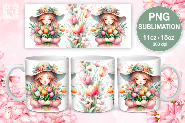 Spring Girl PNG sublimation. 11 & 15 oz mug wrap