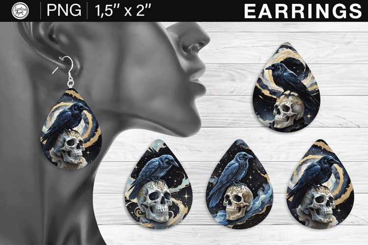 Skull & Raven earrings sublimation designs, 4 PNG