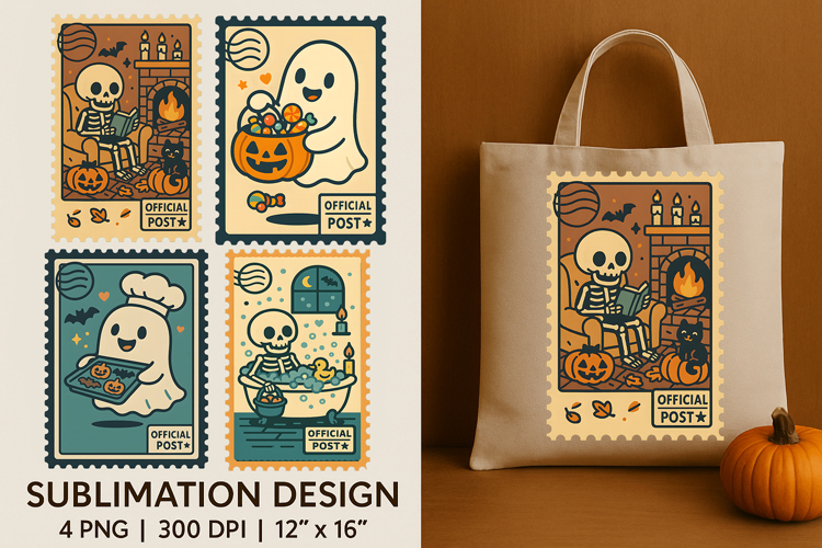 Halloween Postage Stamp Sublimation Tote Bag, Cute Skeleton