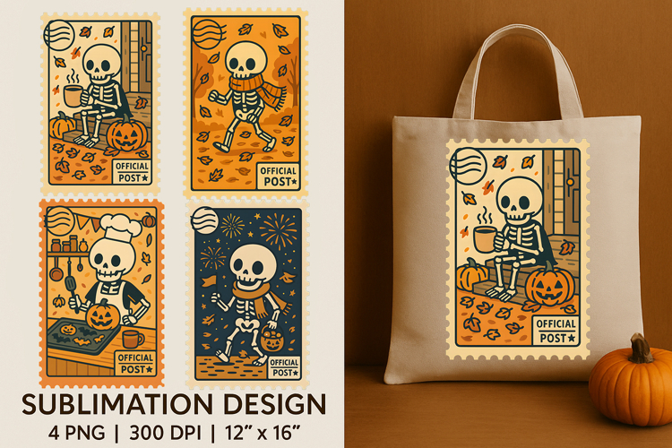 Halloween Postage Stamp Sublimation Tote Bag, Cute Skeleton