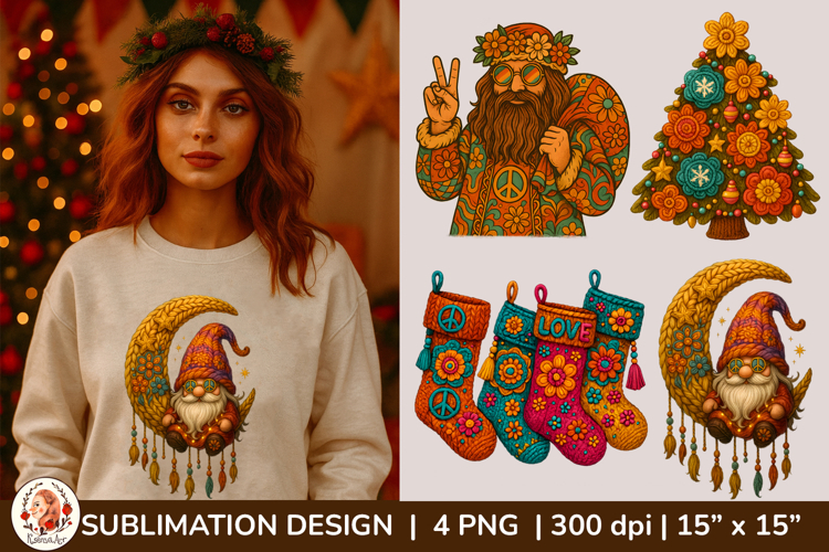 Christmas Hippie Boho Clipart, Groovy 70s Christmas