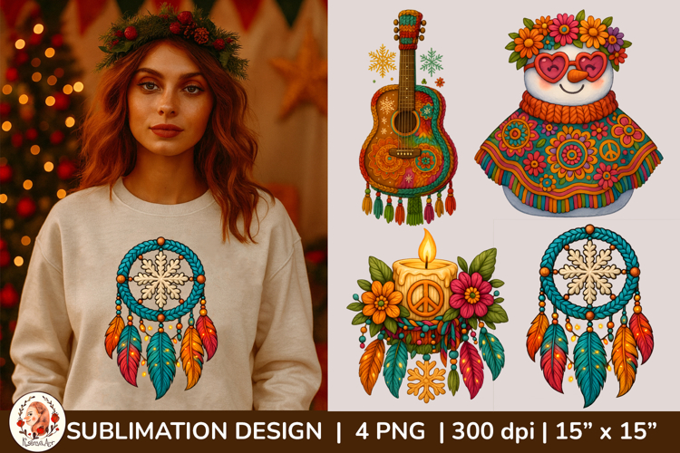 Christmas Hippie Boho Clipart, Groovy 70s Christmas