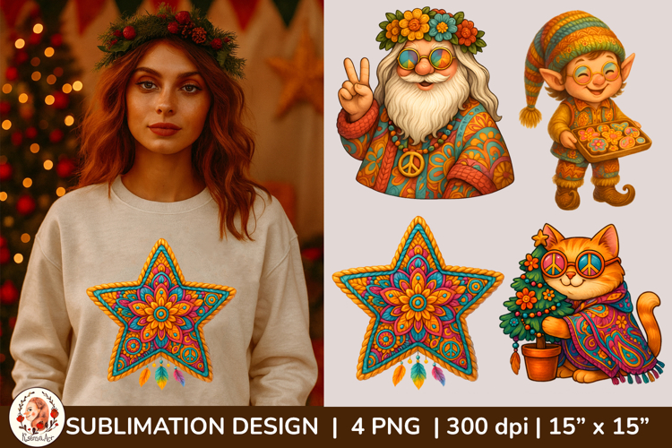 Christmas Hippie Boho Clipart, Groovy 70s Christmas