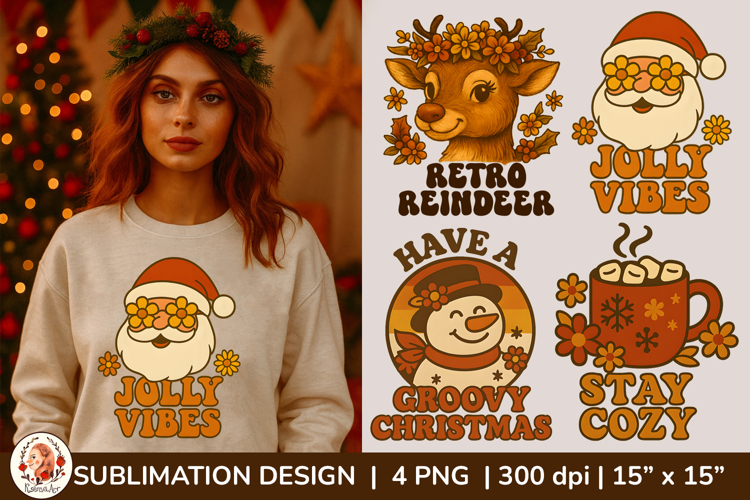 Groovy Christmas Sublimation,Retro Santa, Reindeer & Snowman