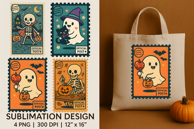 Halloween Postage Stamp Sublimation Tote Bag, Cute Ghost