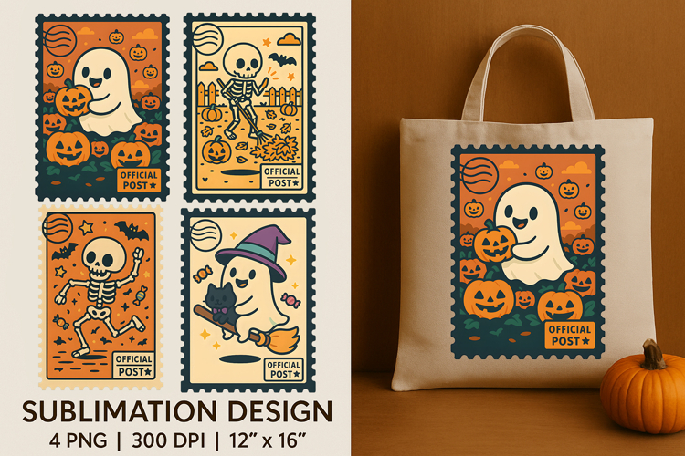 Halloween Postage Stamp Sublimation Tote Bag, Cute Ghost