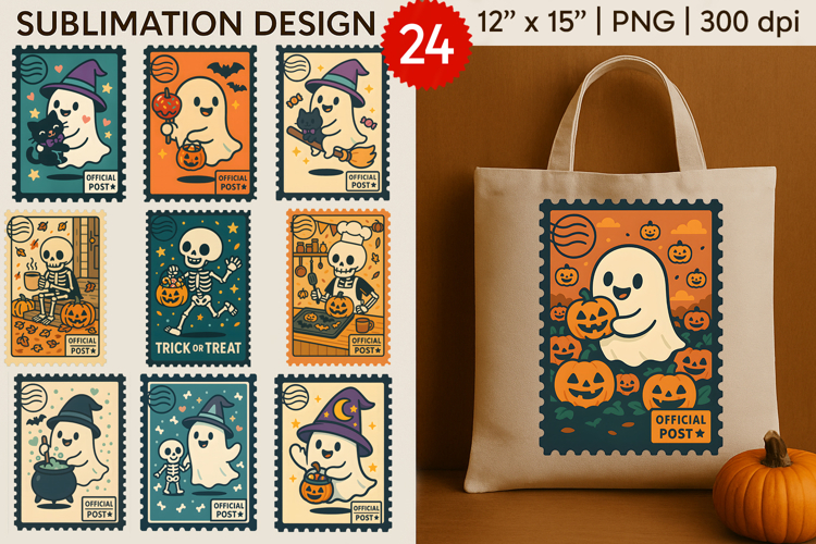 Halloween Postage Stamp Sublimation Cute Ghost Bundle