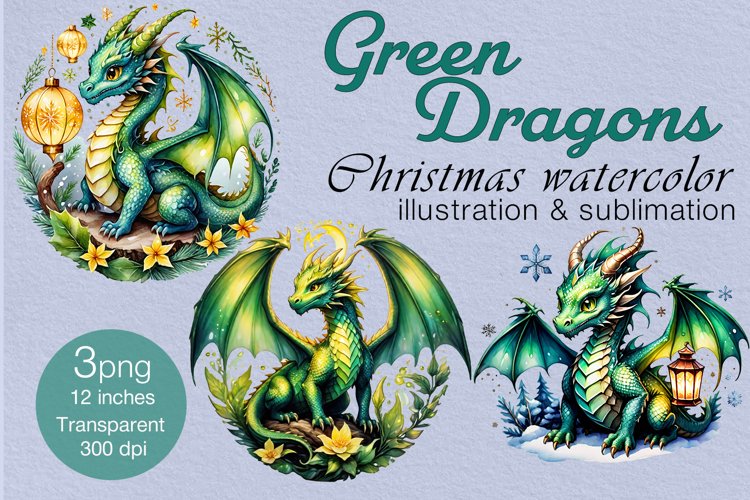 3 Dragon 3PNG watercolor Christmas clipart