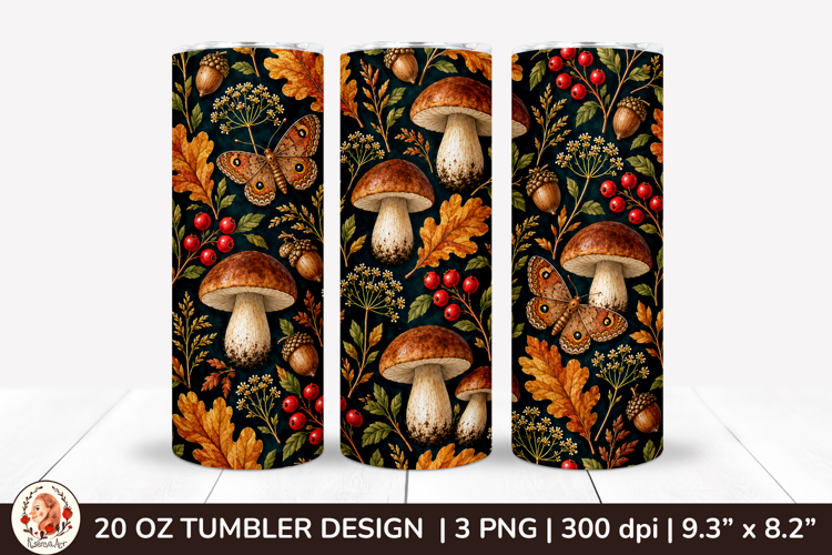 Autumn woodland tumbler sublimation with amanita mushrooms