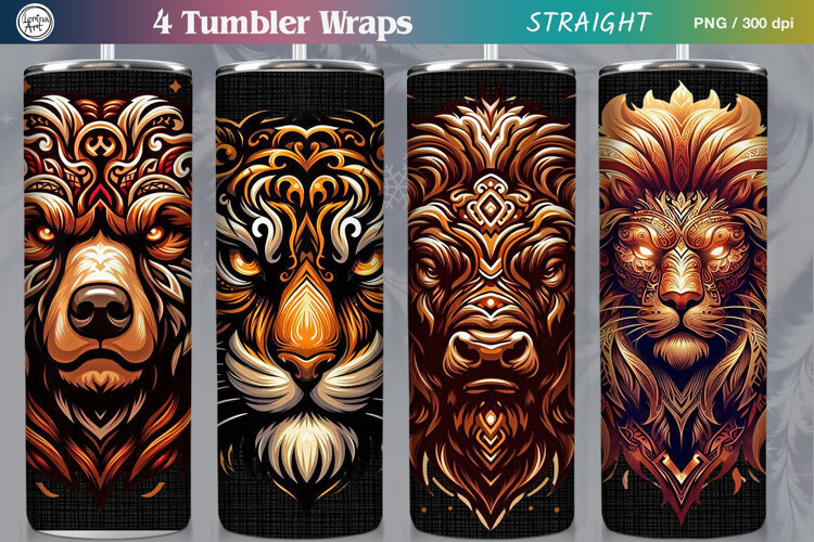 4 Wild Animals Tumbler Wrap Sublimation, 20 oz example image 1