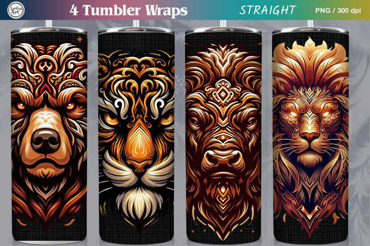 4 Wild Animals Tumbler Wrap Sublimation, 20 oz