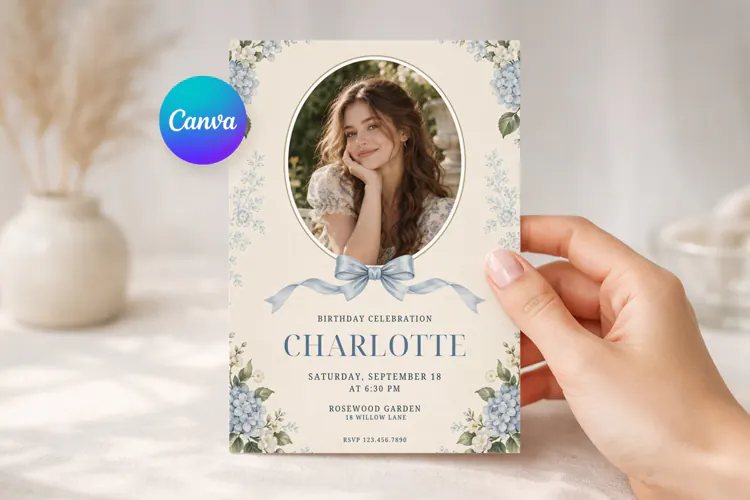 Coquette Blue Hydrangea Birthday Invitation Canva Template