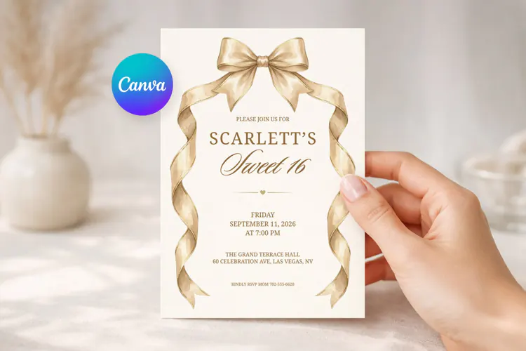 Sweet 16 Birthday Invitation Template, Editable Canva