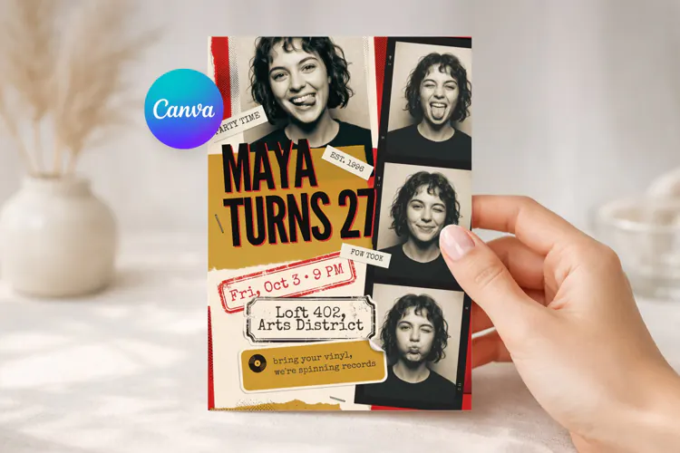 Photo Booth Collage Birthday Invitation, Editable Canva