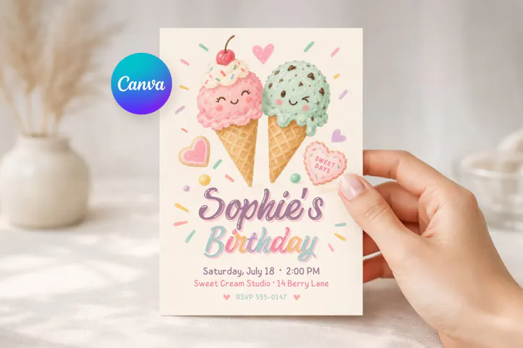Ice Cream Birthday Invitation Canva Template