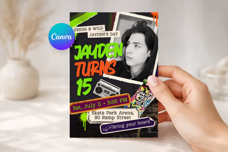 Skate Park Birthday Invitation Canva Template