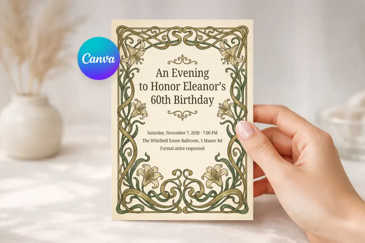 Art Nouveau Birthday Invitation Template, Canva
