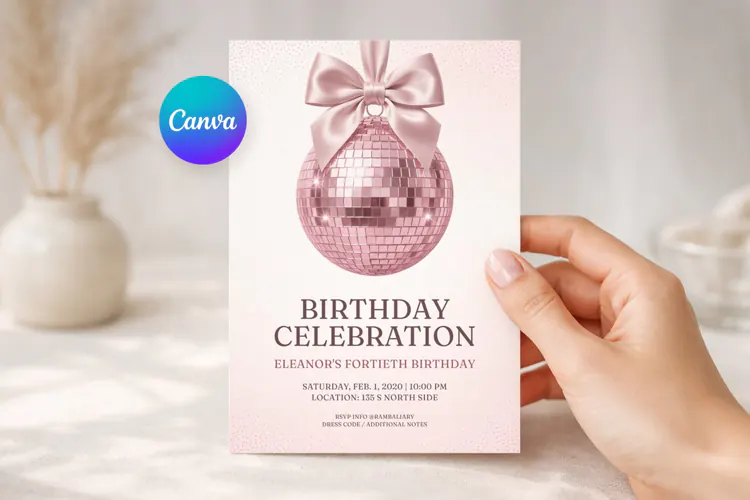 Disco Ball Birthday Invitation Canva Template