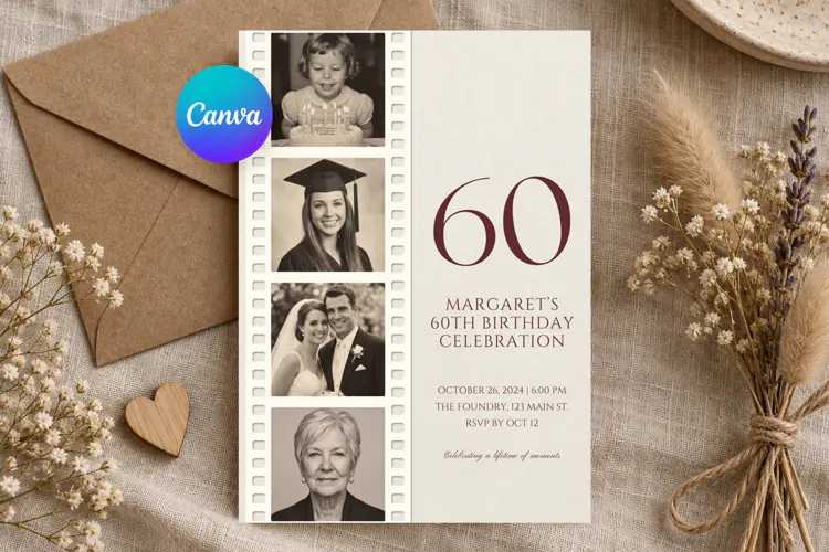 60th Birthday Invitation Template, Photo Filmstrip Milestone