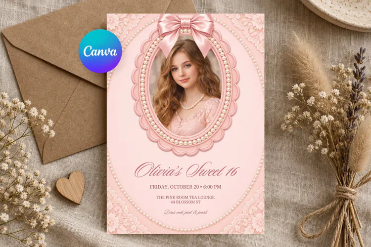 Pink Pearl Sweet 16 Invitation Template, Editable Canva