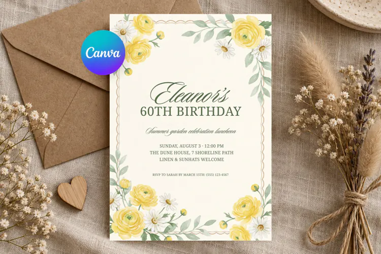 Floral Birthday Invitation Template, Editable Canva