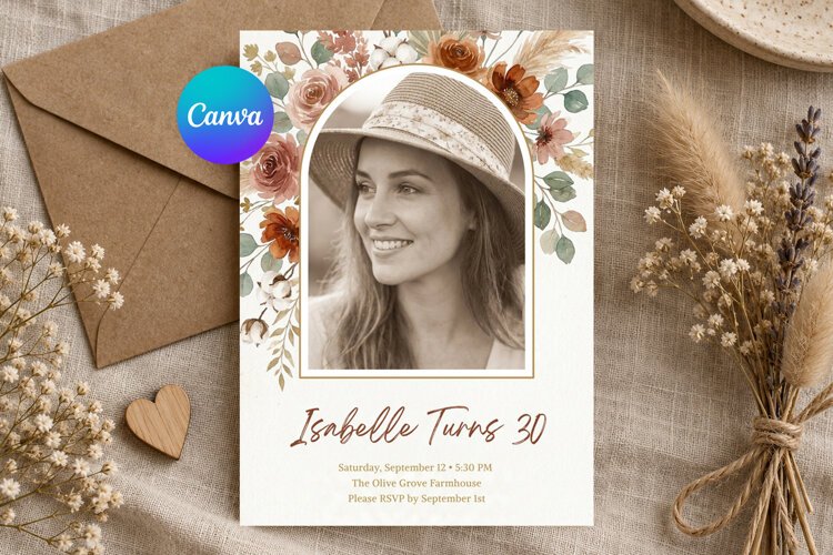 Fall Floral Photo Birthday Invitation Canva Template example image 1